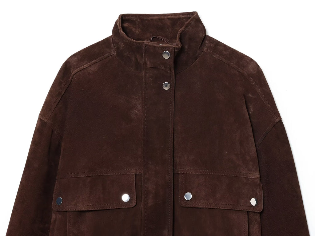 Women's new fashion anti suede effect standing collar flying jacket Coat
