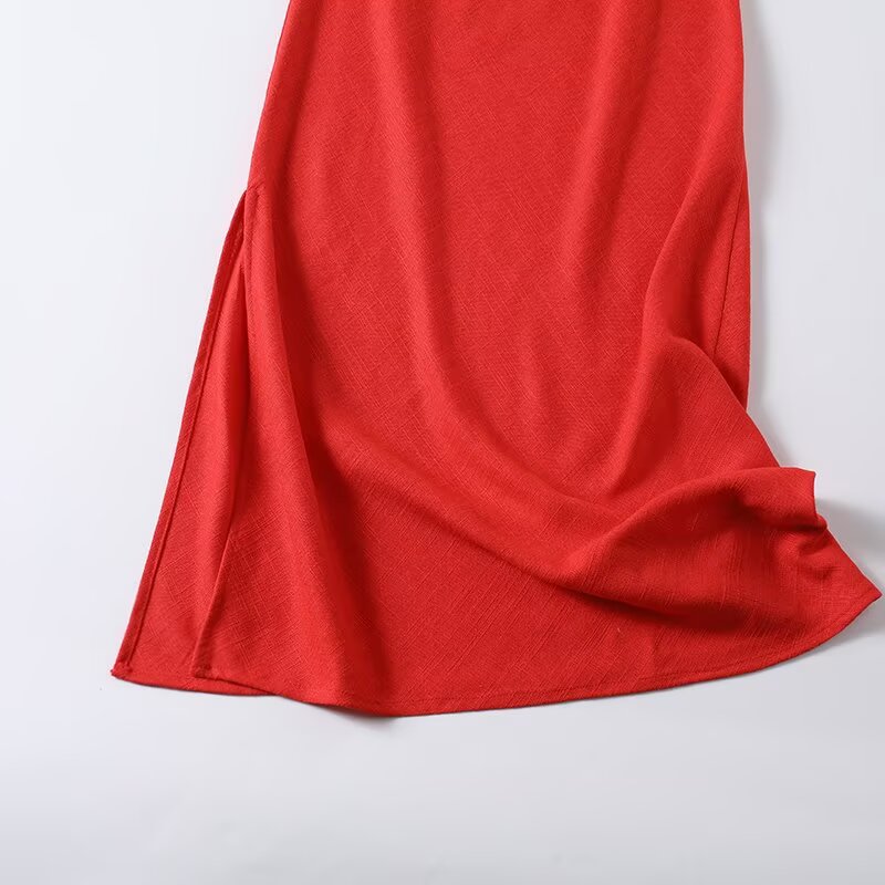 Women's sexy square neck linen suspender MIDI dress