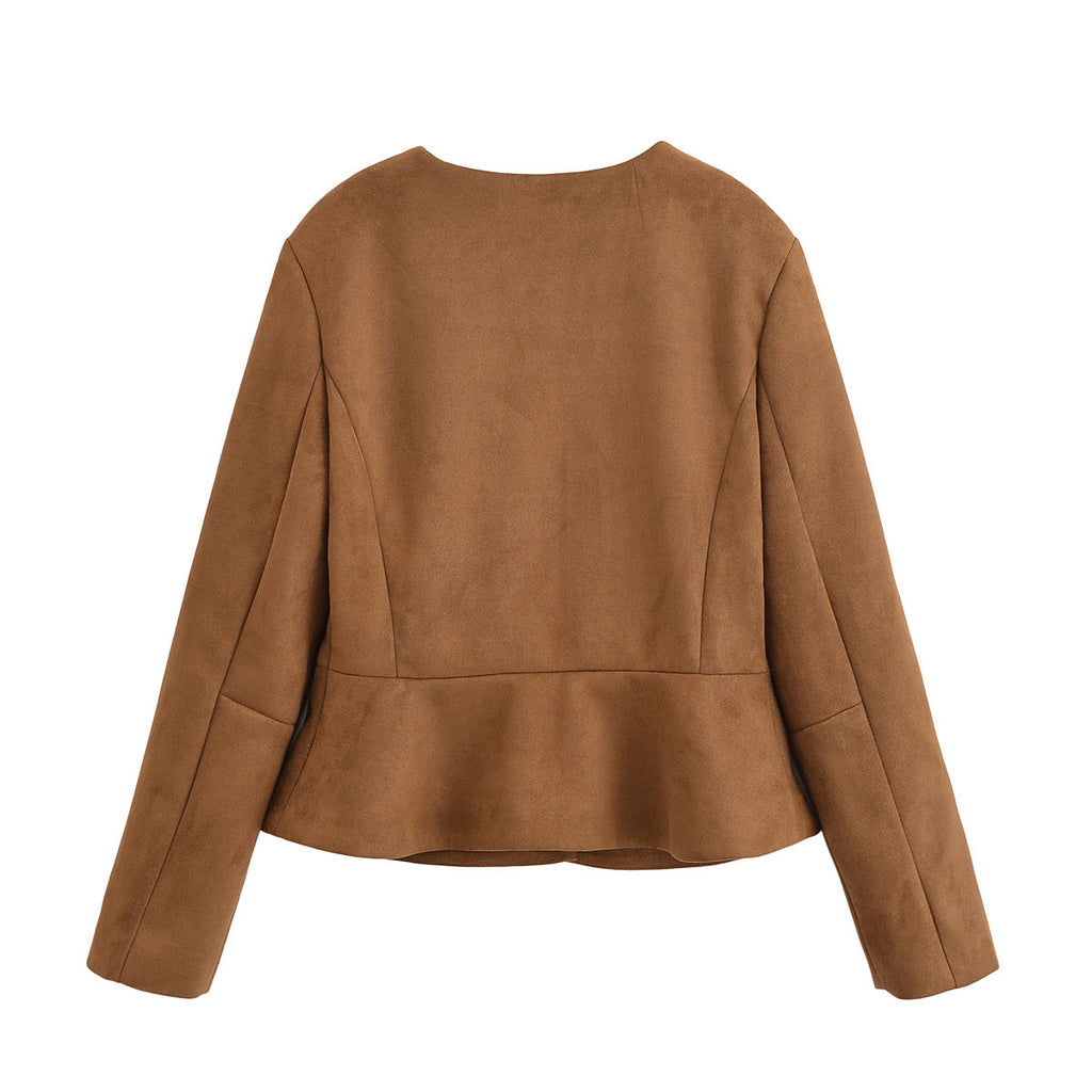 Women's autumn fashion short O-Neck suede jacket Coat
