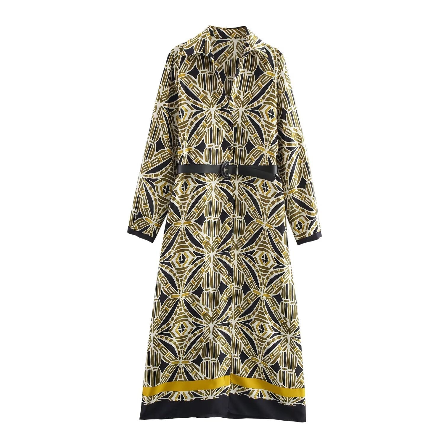Women's new Chic Fashion belt decoration loose single breasted printed MIDI dress retro lapel long sleeved women's dress Mujer