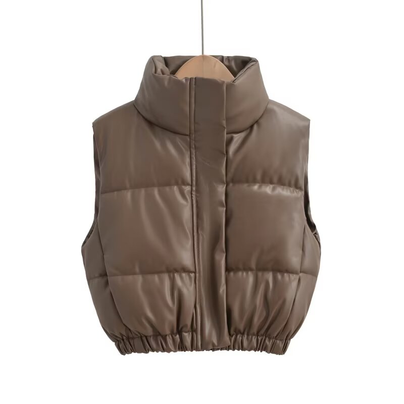 Women's standing collar Faux Leather cotton vest