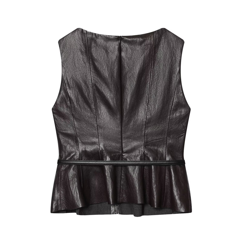 suit Women's 2 pieces with Belt faux leather effect sleeveless top+Skirts
