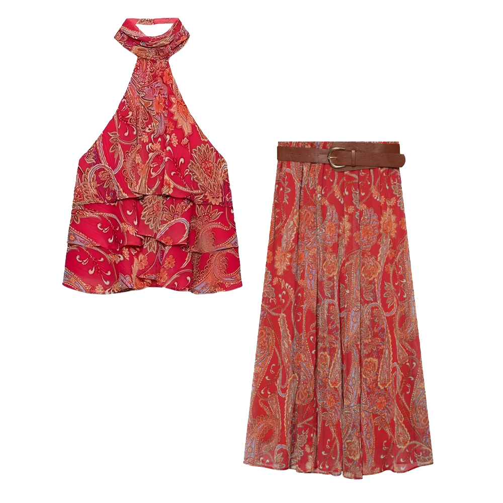 suit Women's 2 pieces printed hanging collar top+Skirts