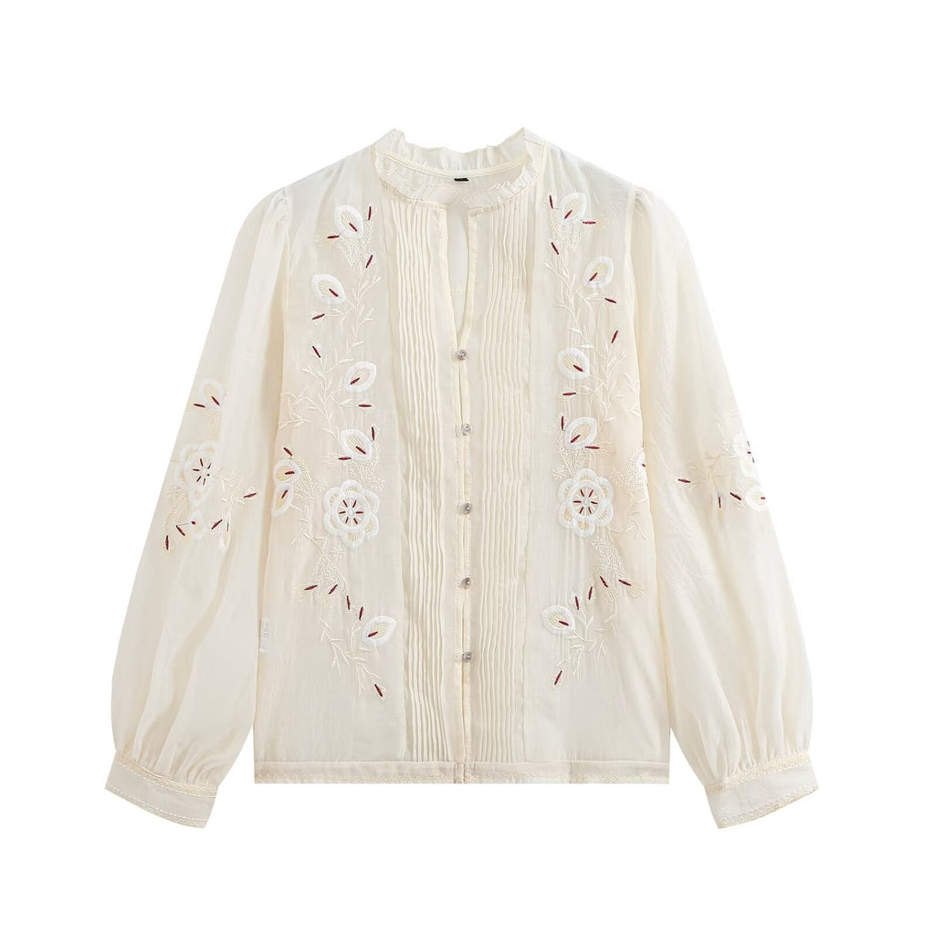 Women's floral embroidery transparent stiff yarn shirt