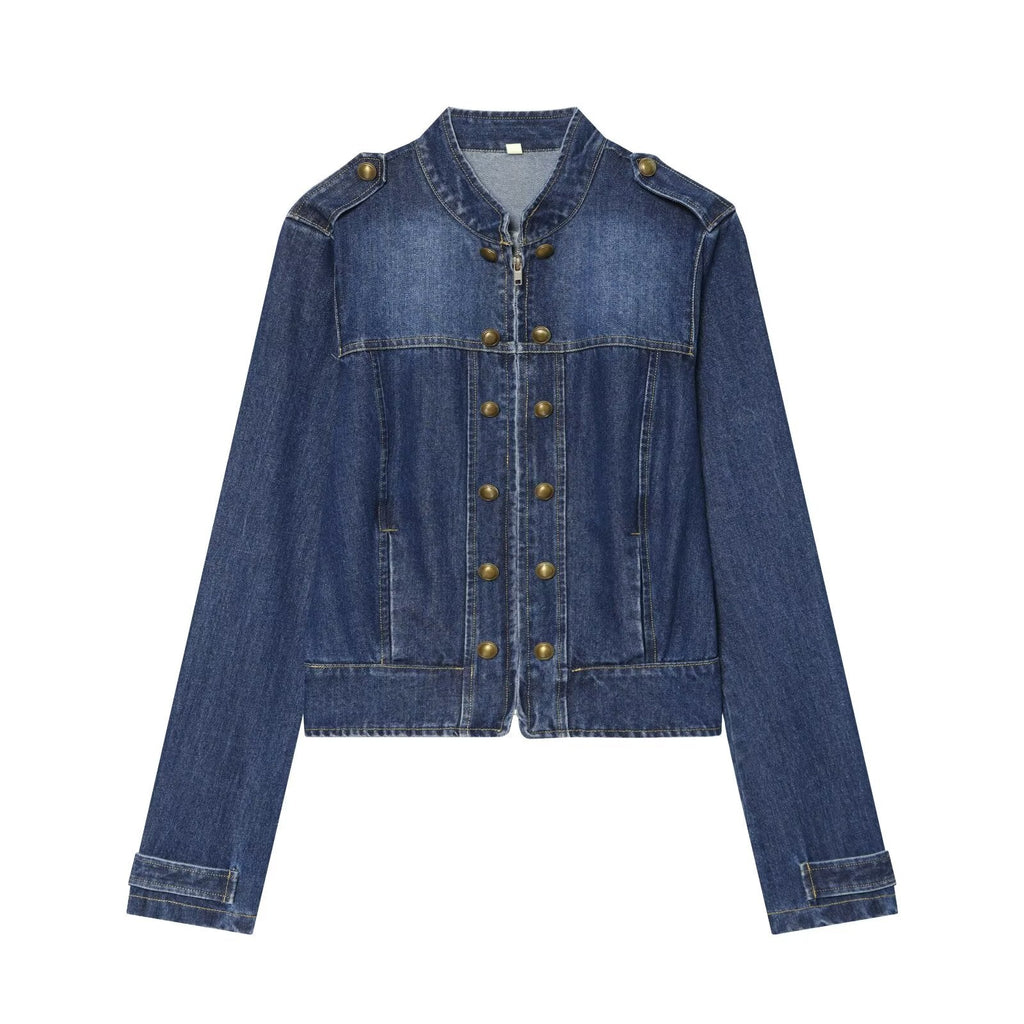 Women's long sleeved O Neck denim jacket