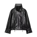 Women's black double breasted Imitation leather jacket