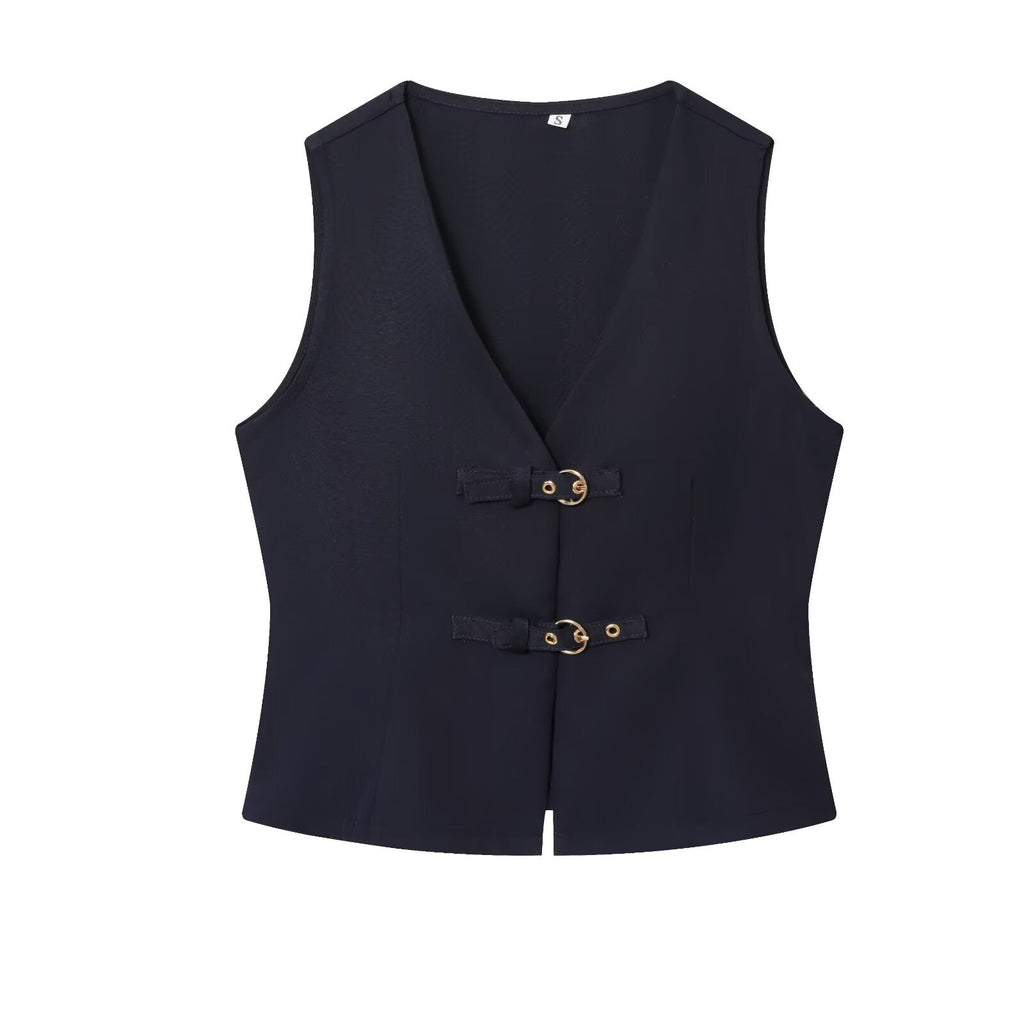 suit Women's 2 pieces buckle decoration vest style crepe top+Pants
