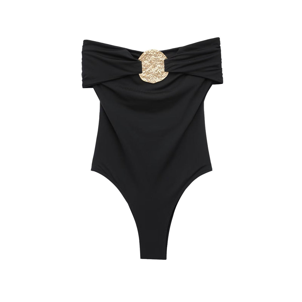 Ladies' new fashion pleated decoration tight strapless swimsuit retro sleeveless backless women's swimsuit